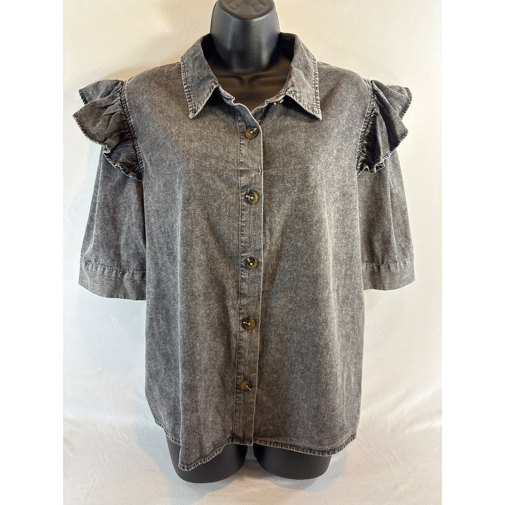 Who What Wear Acid Wash Ruffle Sleeve Denim Button Shirt XXL Gray